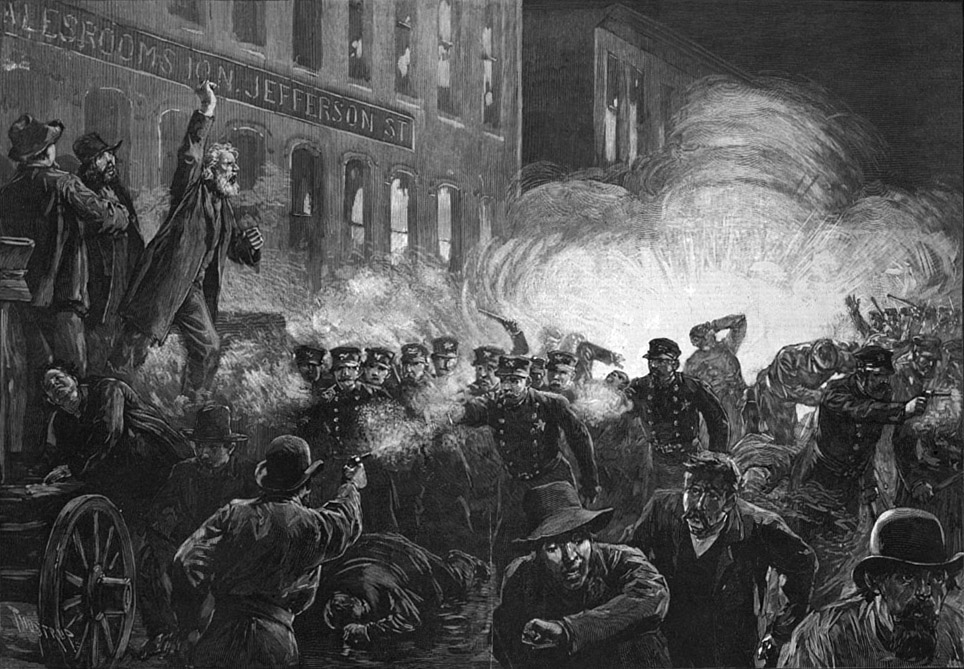 This 1886 engraving was the most widely reproduced image of the Haymarket massacre. It shows Methodist pastor Samuel Fielden speaking, the bomb exploding, and the riot beginning simultaneously; in reality, Fielden had finished speaking before the explosion.